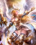 1girl angel_wings armor bad_anatomy blonde_hair blue_eyes breasts cape cleavage clouds copyright_name fantasy_lore gauntlets long_hair looking_to_the_side official_art outstretched_hand polearm solo spear standing sunlight tagme te watermark weapon white_cape wings 