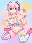  1girl bikini blush breasts cleavage food hakuma510 headphones heart heart-shaped_pupils highres large_breasts looking_at_viewer macaron nail_polish nitroplus open_mouth pink_eyes pink_hair sitting smile solo super_sonico swimsuit symbol-shaped_pupils thigh-highs wariza 