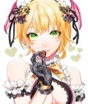  1girl arm_garter bangs bare_shoulders black_gloves black_ribbon blonde_hair breasts chocolate chocolate_heart demon_wings eyelashes floral_print food glint gloves green_eyes hair_ornament head_wings heart heart-shaped_pupils heart_hair_ornament highres holding holding_food idolmaster idolmaster_cinderella_girls lace_trim lips looking_at_viewer maid_headdress mihatarou miyamoto_frederica neck_ribbon parted_lips pink_wings portrait print_gloves ribbon ribbon_trim rose_print short_hair simple_background smile solo symbol-shaped_pupils valentine white_background wings yellow_ribbon 