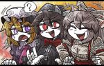  +++ /\/\/\ 3girls ? \n/ ascot black_hair black_hat blonde_hair blush_stickers bow bowtie closed_eyes dress elbowing fujiwara_no_mokou grey_hair hair_between_eyes hair_bow hat hat_bow juliet_sleeves letterboxed line_shading long_sleeves maribel_hearn mob_cap multiple_girls pink_ascot puffy_sleeves purple_dress red_bow red_bowtie red_eyes shirt spoken_question_mark suenari_(peace) surprised suspenders touhou usami_renko violet_eyes white_hat white_shirt white_skin 