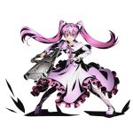  1girl akame_ga_kill! capelet divine_gate dress full_body gun hair_between_eyes hair_ornament hair_scrunchie holding holding_gun holding_weapon lolita_fashion long_hair looking_at_viewer mine_(akame_ga_kill!) neck_ribbon official_art pink_dress pink_eyes pink_hair pink_ribbon ribbon scrunchie shadow solo transparent_background twintails ucmm very_long_hair weapon 