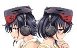  2girls asymmetrical_hair back-to-back black_hair brown_eyes hair_between_eyes hand_on_own_chin hat headphones i-13_(kantai_collection) kantai_collection multiple_girls open_mouth sailor_collar short_hair simple_background tk8d32 upper_body white_background 
