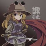  1girl blonde_hair cape commentary_request hairband long_hair long_sleeves moriya_suwako purple_shirt pyonta ryogo sheath shirt solo sword touhou translation_request weapon yellow_eyes 