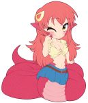  1girl belt blush breasts chibi cleavage fang front-tie_top hair_ornament hairclip highres lamia long_hair looking_at_viewer midriff miia_(monster_musume) miniskirt monster_girl monster_musume_no_iru_nichijou navel one_eye_closed pleated_skirt pointy_ears redhead scales shirt skirt slit_pupils smile snake_tail solo staticwave tied_shirt very_long_hair yellow_eyes 