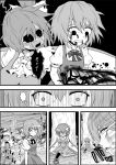  3girls black_sclera blood blood_from_mouth bloody_tears cirno comic constricted_pupils daiyousei dress empty_eyes eyes greyscale highres impaled konpaku_youmu monochrome multiple_girls niiko_(gonnzou) shirt touhou translation_request unconscious wings 