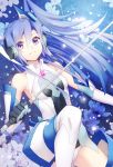  1girl bare_shoulders blue blue_background blue_eyes blue_hair elbow_gloves flower gloves headphones kazanari_tsubasa leotard long_hair sabu senki_zesshou_symphogear side_ponytail solo sword thigh-highs violet_eyes weapon 