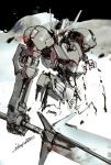  gundam gundam_barbatos gundam_tekketsu_no_orphans holding holding_weapon ikuyoan mecha shinkawa_youji_(style) signature translation_request weapon 