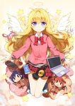  1girl :&gt; :3 :o angel angel_wings animal_slippers bangs black_legwear blonde_hair blue_eyes blush bow bowtie bunny_slippers cardigan cellphone character_doll closed_mouth collared_shirt computer dango_remi eyebrows_visible_through_hair full_body gabriel_dropout hair_rings halo handheld_game_console headphones highres holding holding_weapon hood hoodie kneehighs kurumizawa_satanichia_mcdowell laptop long_hair looking_at_viewer open_mouth phone playstation_portable pleated_skirt purple_hair red_bow red_bowtie red_ribbon red_skirt redhead ribbon school_uniform scythe shirt skirt slippers smartphone smile solid_oval_eyes solo star stuffed_animal stuffed_bunny stuffed_toy tenma_gabriel_white tsukinose_vignette_april weapon white_shirt wing_collar wings 