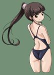  1girl ass bangs black_swimsuit blunt_bangs brown_eyes brown_hair competition_swimsuit cowboy_shot from_behind green_background long_hair looking_at_viewer looking_back one-piece_swimsuit original rohitsuka smile swimsuit 
