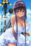  1girl black_hair blue_eyes blush breasts clouds cloudy_sky dark_skin dress gorua_(youce01) large_breasts leaning_forward long_hair looking_at_viewer original parted_lips signpost sky smile solo white_dress 