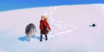  1girl blonde_hair blue_eyes blurry boots cape dress footprints highres horizon knee_boots long_hair original sketch sky snow solo treeware walking wind wolf 