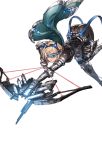  1girl awkward_pose blonde_hair bodysuit bow_(weapon) cape djeeta_(granblue_fantasy) gauntlets granblue_fantasy headgear holding holding_weapon looking_at_viewer minaba_hideo official_art open_mouth short_hair skin_tight solo thigh-highs transparent_background weapon 