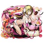  1girl all_fours ass bikini blonde_hair bra breasts bunny_tail charlotte_dunois chocolate chocolate_heart cleavage divine_gate earmuffs eyebrows_visible_through_hair full_body hair_between_eyes hair_ribbon hairband heart high_heels infinite_stratos jewelry long_hair looking_at_viewer low-tied_long_hair medium_breasts mouth_hold necklace official_art one_eye_closed panties purple_ribbon ribbon solo strapless strapless_bra tail transparent_background ucmm underwear violet_eyes white_bra white_panties wrist_cuffs 