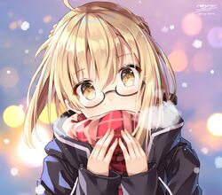  1girl ahoge bangs black-framed_eyewear black_jacket blonde_hair blurry blush bokeh braid breath covered_mouth depth_of_field eyebrows_visible_through_hair fate/grand_order fate_(series) fingernails glasses hair_between_eyes head_tilt heroine_x heroine_x_(alter) jacket long_sleeves looking_at_viewer plaid plaid_scarf red_scarf rin_yuu saber scarf scarf_over_mouth semi-rimless_glasses signature solo twitter_username under-rim_glasses upper_body yellow_eyes 