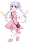  1girl bag dress flower full_body hair_flower hair_ornament hand_holding handbag highres kinatsu_ship long_hair looking_at_viewer new_game! open_mouth pink_dress purple_hair solo standing suzukaze_aoba tears twintails violet_eyes white_legwear younger 