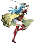  1girl armor blue_eyes blue_hair breastplate cape earrings eirika fire_emblem fire_emblem:_seima_no_kouseki fire_emblem_heroes full_body gloves highres holding holding_weapon jewelry long_hair official_art short_sleeves shoulder_pads skirt solo sword thigh-highs transparent_background weapon zettai_ryouiki 