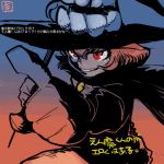  1boy brown_hair cape dororon_enma-kun enma-kun fujimoto_hideaki gradient gradient_background hat male_focus pointing pointing_at_viewer red_eyes short_hair signature simple_background smile solo two-tone_background upper_body witch_hat 