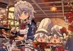  3girls :d :o apron blonde_hair blue_eyes blush bow bowtie braid cake chef_hat chocolate chocolate_bar chocolate_making commentary_request cup drooling error eyebrows_visible_through_hair fang flandre_scarlet food frilled_apron frills hair_between_eyes hat highres index_finger_raised indoors izayoi_sakuya juliet_sleeves knife lamp long_sleeves maid_headdress moyazou_(kitaguni_moyashi_seizoujo) multiple_girls nose_blush open_mouth puffy_sleeves red_bow red_bowtie red_eyes red_flower remilia_scarlet side_ponytail silver_hair smile star teacup teapot tiered_tray touhou twin_braids watch weighing_scale whisk white_apron white_flower white_hair white_hat 