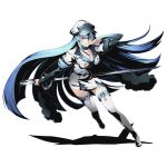  1girl absurdly_long_hair akame_ga_kill! blue_eyes blue_hair boots breasts choker cleavage collarbone divine_gate esdeath full_body hair_between_eyes hat holding holding_sword holding_weapon long_hair medium_breasts military military_uniform official_art one_leg_raised pleated_skirt shadow skirt solo sword thigh-highs thigh_boots transparent_background ucmm uniform very_long_hair weapon white_boots 