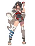  1girl black_hair cloak feet full_body genzoman grin higana_(pokemon) holding looking_at_viewer open_toe_shoes over-kneehighs poke_ball pokemon pokemon_(game) pokemon_oras shoes short_ponytail short_shorts shorts smile solo thigh-highs thighs toes white_legwear 