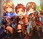  3boys aglovale_(granblue_fantasy) blonde_hair blush brothers brown_eyes brown_hair child coat cravat fire garter_straps granblue_fantasy kneeling lamorak_(granblue_fantasy) long_hair magic male_focus multiple_boys percival_(granblue_fantasy) ponytail red_eyes redhead shigaraki_(strobe_blue) short_hair shorts siblings sitting snowflakes sock_garters wind younger 