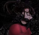  1girl bangs bare_shoulders bent_over black black_bow black_hair blunt_bangs bow breasts chains claws cleavage closed_mouth collar collarbone floating_hair gauntlets gothic_lolita hair_bow kantai_collection leaning_forward lipstick lolita_fashion long_hair looking_at_viewer makeup medium_breasts navel purple_lipstick red_eyes seaplane_tender_hime shinkaisei-kan solo spikes teeth tongue tono_d very_long_hair white_skin 