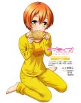 1girl absurdres barefoot copyright_name eating feet highres hoshizora_rin kneeling looking_at_viewer love_live! love_live!_school_idol_project official_art orange_hair otono_natsu pajamas scan short_hair simple_background solo white_background yellow_eyes 