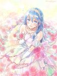  1girl blue_hair blush dress embarrassed fire_emblem fire_emblem:_kakusei flower jewelry komugikomix looking_at_viewer necklace rose 