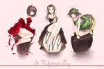  2017 :d all_fours arm_support arms_at_sides bangs bare_shoulders black_dress black_ribbon blunt_bangs blush bracelet breasts brown_dress chocolate choker cleavage closed_mouth collarbone dated double_bun dress flower frills glitter gloves green_dress green_shoes hair_flower hair_ornament hair_ribbon hair_scrunchie high_heels jewelry jintsuu_(kantai_collection) kantai_collection knees_up looking_at_viewer medium_breasts nagihashi_koko naka_(kantai_collection) necklace open_mouth petals pink_background red_dress red_gloves red_rose red_shoes ribbon rose sash scrunchie sendai_(kantai_collection) shoes short_dress sitting sitting_on_food sleeveless sleeveless_dress small_breasts smile strapless strapless_dress tiara tress_ribbon twitter_username two_side_up v_arms valentine veil white_chocolate white_shoes yellow_eyes yokozuwari 