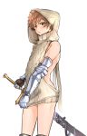  1boy aran_sweater backless_outfit blush brown_hair cowboy_shot gauntlets gran_(granblue_fantasy) granblue_fantasy highres male_focus meme_attire ribbed_sweater seho_(kdldlcl) short_hair simple_background solo sweater sword virgin_killer_sweater weapon white_background 