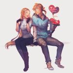  1boy 1girl adapted_costume alternate_costume balloon blonde_hair bouquet casual closed_eyes finni_chang flower highres hood hoodie jewelry link necklace pointy_ears princess_zelda sitting smile the_legend_of_zelda the_legend_of_zelda:_breath_of_the_wild valentine 