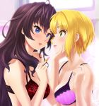  2girls :3 :d arm artist_request bare_arms bare_shoulders between_breasts blonde_hair blue_eyes blush bra breasts brown_hair cleavage collarbone couple eye_contact female green_eyes hand_on_another&#039;s_chin highres holding ichinose_shiki idolmaster idolmaster_cinderella_girls lavender_bra lingerie lips lipstick long_hair looking_at_another makeup medium_breasts miyamoto_frederica multiple_girls neck one_eye_closed pink_lipstick purple_bra red_bra short_hair smile underwear upper_body wink yuri 