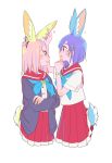 2girls :d absurdres adapted_costume animal_ears bangs_pinned_back blonde_hair blue_hair blush bunny_tail cardigan crossed_arms ear_grab eyebrows flip_flappers from_side highres inconvenient_tail keiya kokomine_cocona matching_outfit multicolored_hair multiple_girls neckerchief open_cardigan open_clothes open_mouth profile rabbit_ears simple_background smile streaked_hair sweatdrop tail white_background yayaka 