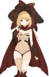  1girl bangs black_hat blonde_hair blush boots breasts brown_eyes brown_legwear brown_ribbon cleavage cloak commentary detached_sleeves eyebrows_visible_through_hair hand_up hat leotard long_hair looking_at_viewer low_twintails lpip medium_breasts mismatched_legwear open_mouth original over-kneehighs ribbon simple_background smile solo thigh-highs twintails white_background witch_hat 