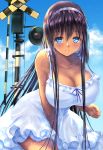  1girl black_hair blue_eyes blush breasts cleavage clouds dark_skin dress dress_tug gorua_(youce01) hairband large_breasts leaning_forward long_hair open_mouth original railroad_crossing sky smile solo white_dress 