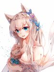  1girl animal_ears bangs baocaizi bare_shoulders blonde_hair blue_eyes breasts butterfly butterfly_hair_ornament cat_ears cleavage eyebrows_visible_through_hair hair_between_eyes hair_ornament highres holding jar large_breasts long_hair looking_at_viewer open_mouth original simple_background smile solo teeth upper_body white_background 