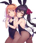  2girls animal_ears ass back back-seamed_legwear bare_back bare_shoulders black_hair black_leotard blush bow bowtie brown_eyes brown_legwear bunny_girl bunny_tail bunnysuit detached_collar fake_animal_ears hair_ribbon idolmaster idolmaster_cinderella_girls leotard long_hair looking_at_viewer matoba_risa multiple_girls open_mouth orange_hair pantyhose rabbit_ears ribbon seamed_legwear simple_background tail terumii twintails white_background wrist_cuffs yellow_eyes yuuki_haru 