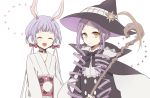  2girls animal_ears closed_eyes drill_hair gekokujou_hana hat highres japanese_clothes kimono mahou_shoujo_ikusei_keikaku mahou_shoujo_ikusei_keikaku_limited mana_(mahoiku) multiple_girls purple_hair rabbit_ears siblings sisters smile staff witch witch_hat yun68591434 