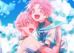  2boys ameto_yukino blue_sky blush brothers day fang highres looking_at_viewer male_focus multiple_boys one_eye_closed open_mouth original outdoors pink_eyes pink_hair sailor siblings sky 