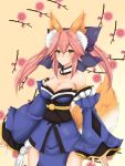  1girl animal_ears blue_legwear blush bow breasts cleavage collarbone detached_sleeves fate/extra fate_(series) floral_print flower fox_ears fox_tail hair_bow hair_ribbon japanese_clothes large_breasts pink_hair ribbon ryou_(619-619) solo tail tamamo_(fate)_(all) tamamo_no_mae_(fate) yellow_eyes 