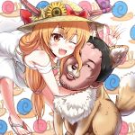  1boy 1girl ;d animal_ears arm_up bangs bare_arms bare_shoulders bent_over black_eyes black_hair blush bow collarbone commentary_request cookie_(touhou) dog dog_ears dress eyebrows_visible_through_hair fang flower food fruit fur_collar hat hat_bow hat_flower horn_bow horns hug ibuki_suika long_hair looking_at_viewer manatsu_no_yo_no_inmu mole mole_under_eye one_eye_closed open_mouth orange_eyes orange_hair purple_bow red_bow sandals smile snail standing straw_hat strawberry sunflower torn_clothes torn_hat touhou v white_dress yajuu_senpai yarumi_(suina) yellow_hat 
