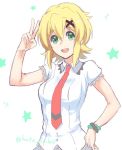  1girl :d akatsuki_kirika blonde_hair bracelet green_eyes hair_between_eyes hair_ornament jewelry looking_at_viewer necktie open_mouth sabu school_uniform senki_zesshou_symphogear short_hair smile solo star twitter_username v x_hair_ornament 