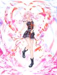  1girl bare_shoulders black_dress boots collarbone dress frills guilty_crown hair_ornament hairclip highres long_hair looking_at_viewer off_shoulder pink_hair red_eyes sleeveless smile solo strap_slip tanikku twintails yuzuriha_inori 