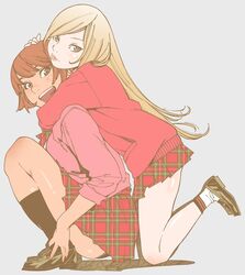  2girls :d bangs black_legwear black_panties blonde_hair blush brown_eyes brown_hair brown_shoes cardigan eyelashes eyeliner fingernails from_side grey_background hug hug_from_behind kishi_torajirou knee_blush kneehighs kneeling lace lace-trimmed_panties lace_trim legs_up loafers long_hair long_sleeves looking_at_viewer makeup miniskirt multiple_girls open_mouth original otome_no_teikoku panties pantyshot pantyshot_(sitting) parted_lips pink_lips plaid plaid_skirt pleated_skirt pocket school_uniform shoes short_hair simple_background sitting skirt sleeves_past_elbows sleeves_pushed_up smile socks swept_bangs underwear unmoving_pattern white_legwear yellow_eyes 