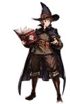  1boy alpha_transparency book boots brown_boots brown_eyes brown_hair cape full_body gran_(granblue_fantasy) granblue_fantasy hat knee_boots looking_at_viewer male_focus minaba_hideo official_art pointing pointing_at_viewer short_hair solo transparent_background wizard_(granblue_fantasy) wizard_hat 