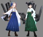  2girls 3d asakaze_(kantai_collection) bangs black_hair blue_eyes blue_hakama boots bow brown_hair cross-laced_footwear furisode green_eyes green_hakama grey_background hair_bow hakama hat highres japanese_clothes kantai_collection kimono knee_boots lace-up_boots light_brown_hair long_hair looking_at_viewer matsukaze_(kantai_collection) meiji_schoolgirl_uniform mini_hat mini_top_hat multiple_girls parted_bangs ponpu-chou short_hair sidelocks smokestack standing top_hat wavy_hair 