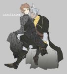  2boys animal_ears blue_eyes bodysuit cape closed_mouth dark_skin dark_skinned_male erun_(granblue_fantasy) eustace_(granblue_fantasy) gran_(granblue_fantasy) granblue_fantasy grey_hair gunslinger_(granblue_fantasy) hair_over_one_eye hand_on_another&#039;s_shoulder holster kyata_(elnss) legs_crossed looking_at_viewer male_focus multiple_boys short_hair sitting sitting_on_lap sitting_on_person smile 