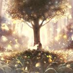  1boy absurdres album_cover backlighting blurry cape commentary cover fantasy forest grass highres leaf light_particles male_focus nature original petting scenery short_hair sishenfan spirit texture tree wind wolf 
