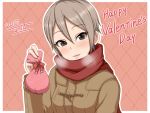  1girl black_eyes blush breath dated earrings gift grey_hair happy_valentine idolmaster idolmaster_cinderella_girls jewelry looking_at_viewer negija parted_lips red_scarf scarf shiomi_shuuko short_hair smile solo upper_body valentine 