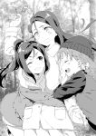  3girls :d ;d arm_grab beanie blush braid closed_eyes coat forest girl_sandwich greyscale grin hair_ornament hair_ribbon hair_scrunchie half_updo hat hug laughing long_hair love_live! love_live!_sunshine!! matsuura_kanan monochrome multiple_girls nature one_eye_closed open_mouth ponytail ribbon sakurauchi_riko sandwiched scarf scrunchie short_hair side_braid smile takami_chika talisman wavy_mouth winter_clothes winter_coat yomo_tsuka 